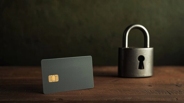 Credit Card Next to Padlock in Dimly Lit Room on Wooden Table, Lock your credit card securely concept.