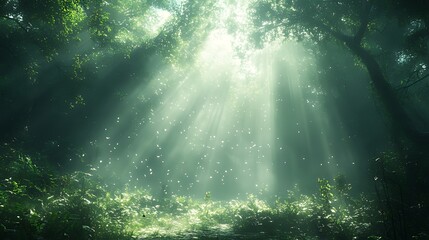 Sunbeams illuminate misty forest path, nature background, tranquil scene