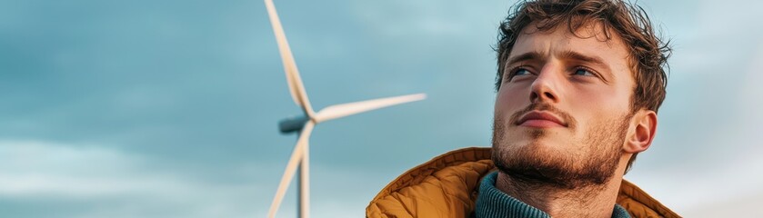 Obraz premium Young Man Observing Wind Turbines in a Sustainable Energy Environment