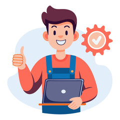A satisfied customer holds a fixed laptop and gives a thumbs up to express gratitude, indicating that the repair service was successful and met expectations