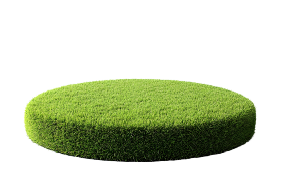 A realistic photograph of an artificial grass-covered podium on a transparent background