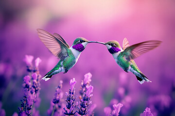 Hummingbirds engage in a delicate dance amidst vibrant lavender flowers in a serene garden setting