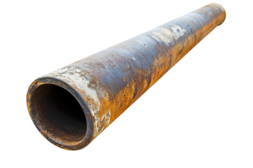 Weathered metal pipe lying on a clean surface, showcasing layers of rust and old paint isolated on transparent background