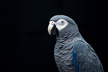 Obraz premium Grey parrot perched with striking colors against a dark background showcasing its unique features and vibrant plumage