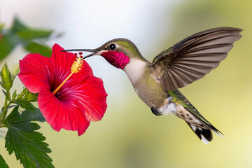 Fototapeta premium Hummingbird feeding on vibrant red hibiscus flower during sunny day in tropical garden