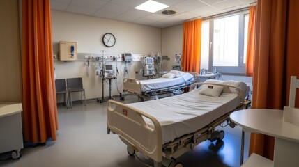 Empty hospital room with beds and medical equipment