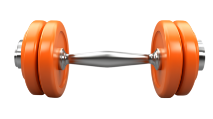 3D dumbbell icon with orange weights and a metallic handle. Great for fitness or health-related digital content. Isolated on transparent background.