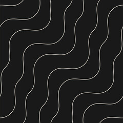 Abstract minimalist seamless pattern with diagonal wavy lines, thin curvy stripes, liquid fluid shaped, waves. Black and white linear background. Simple monochrome texture. Minimal dark geo design