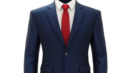 3D illustration of a blue business suit with a red tie, designed with a sleek, professional look. The suit features a modern and tailored fit. Isolated on transparent background.