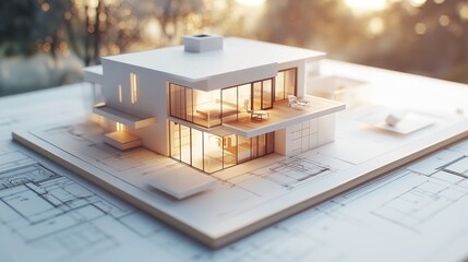 Modern House Model on Architectural Drawings