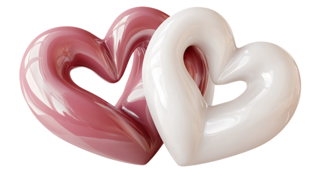 3D illustration featuring two intertwined hearts, one pink and one white. This design symbolizes love and unity, perfect for romantic and decorative themes. Isolated on transparent background.