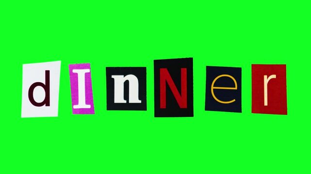 The word dinner made of rectangle pieces of paper with printed letters crumpling and unwrapping in loop stop motion animation on green screen background. Template logotype for making culinary banner