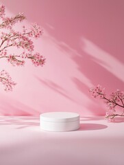 Cotton Candy Pink Concept. Minimalist white cake on a pink backdrop with floral accents.