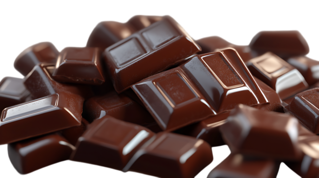3D illustration of a chocolate bar featuring smooth, square pieces. The design emphasizes a rich, indulgent treat with a glossy surface. Isolated on transparent background.