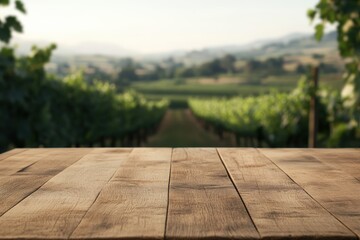 Empty wooden table overlooking blurred vineyard landscape at sunrise