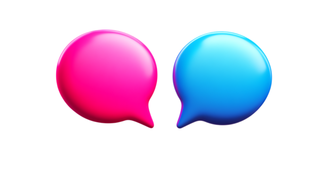 3D pink and blue speech bubble icon in a minimalistic style. This colorful illustration is ideal for communication, chat, or social media-related projects. Isolated on transparent background.