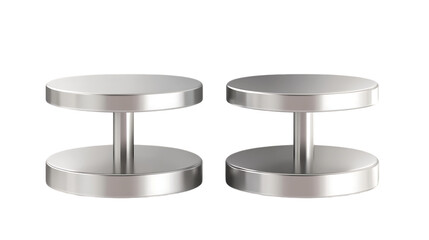 A dual-level silver pedestal display stand perfect for showcasing products, with a sleek and modern design. Isolated on transparent background.