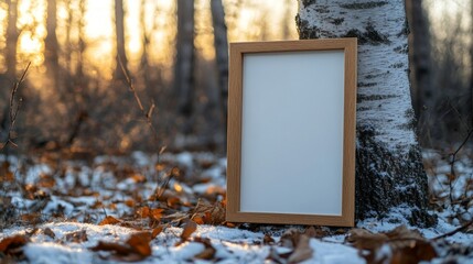 A wooden frame leaned against a winter forest birch tree