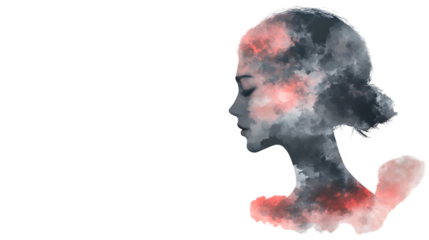 Abstract watercolor female profile with coral and gray accents, featuring soft brushstrokes and elegant details for a modern and artistic design. Isolated on transparent background.