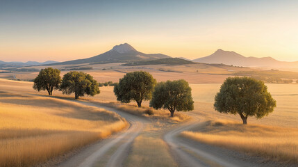 Fototapeta premium A scenic countryside landscape with golden fields and mountains at sunset.
