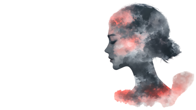 Abstract watercolor female profile with coral and gray accents, featuring soft brushstrokes and elegant details for a modern and artistic design. Isolated on transparent background.