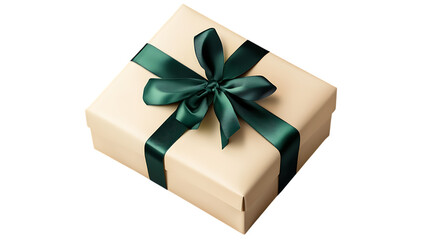 An elegant gift box wrapped in a cream-colored paper and adorned with a dark green ribbon tied into a bow, perfect for special occasions and celebrations. Isolated on transparent background.