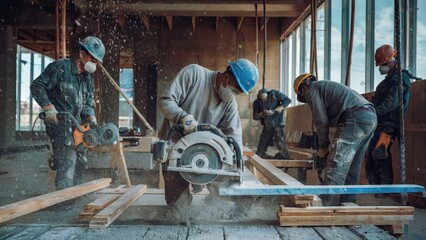 A group of construction workers are wearing masks and working on a project. Scene is serious and focused, as the workers are using power tools to cut wood
