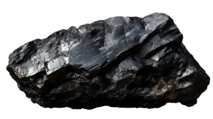 Black coal rock with rough surface texture and natural formations. It displays a rugged, layered appearance typical of coal deposits. Isolated on transparent background.