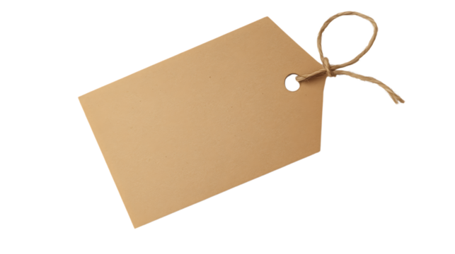 Blank Brown Paper Tag With Twine. Perfect For Labeling Gifts, Crafts, And Merchandise, Featuring A Rustic Look. Isolated on transparent background.