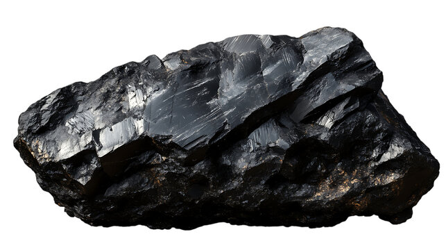 Black coal rock with rough surface texture and natural formations. It displays a rugged, layered appearance typical of coal deposits. Isolated on transparent background.