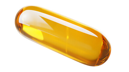 Close up of a single fish oil capsule, showcasing its smooth, glossy surface and golden hue, often used as a dietary supplement. Isolated on transparent background.