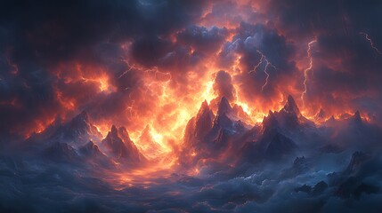 Fiery storm erupts over mountains, dark sky, fantasy landscape, game design