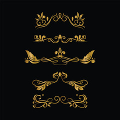 Gold ornament set on black background of decorative element isolated