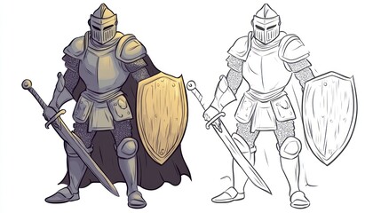 Cartoon knight in armor, color and line art
