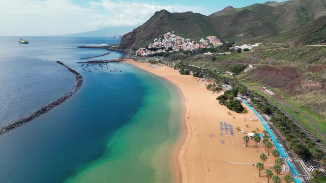Aerial Panorama of Playa de Las Teresitas, San Andrés, Mountains, and Cargo Ship in the Atlantic &ndash; Tenerife, Spain