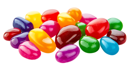 Colorful jelly beans scattered, featuring various vibrant colors and shapes of candy. Isolated on transparent background.