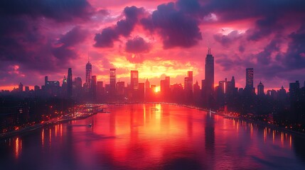 Fototapeta premium Cityscape sunset, river reflection, dramatic clouds, urban panorama, promotional use