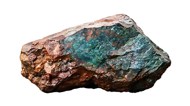 Copper ore rock with patina. A natural specimen displaying a blend of reddish-brown and greenish-blue hues. Isolated on transparent background.