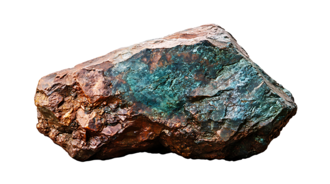 Copper ore rock with patina. A natural specimen displaying a blend of reddish-brown and greenish-blue hues. Isolated on transparent background.