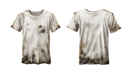 Dirty White T Shirt Isolated. A heavily stained shirt great for depicting labor or messy activities. Isolated on transparent background.