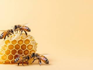 Close-up of bees on honeycomb against a soft yellow background, showcasing nature's pollinators
