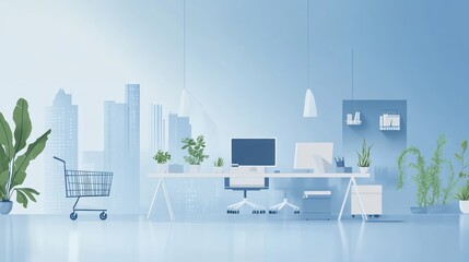 Modern office workspace with city view, ideal for presentations