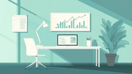 Modern office workspace with computer and charts. Possible use Stock photo for business presentations or websites