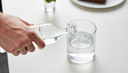 Pouring refreshing sparkling water into glass bottle icy cool hand cold pure drink clear clean still