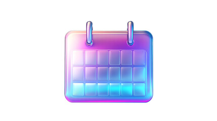 Holographic 3D metallic calendar icon design with iridescent colors, featuring a modern and shiny effect. Isolated on transparent background.