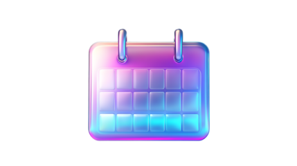 Holographic 3D metallic calendar icon design with iridescent colors, featuring a modern and shiny effect. Isolated on transparent background.