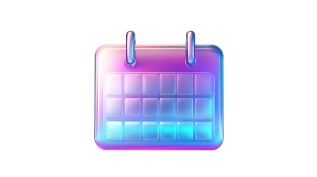 Holographic 3D metallic calendar icon design with iridescent colors, featuring a modern and shiny effect. Isolated on transparent background. - Powered by Adobe