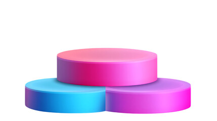 Holographic gradient podium display featuring three tiers in vibrant pink and blue colors. Isolated on transparent background.