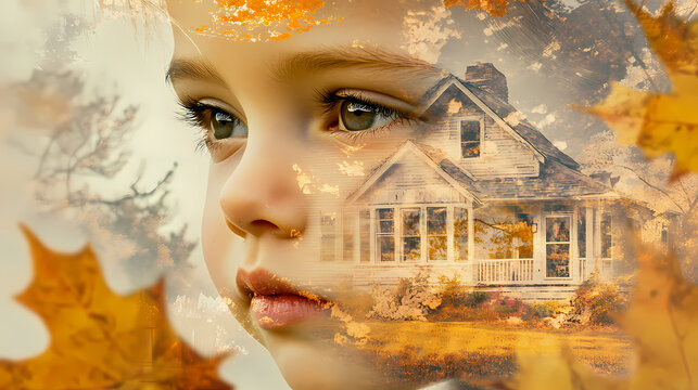 Thoughtful child with nature overlay, autumn leaves and house reflection captured in creative photography. Memory - Old house. Illustration