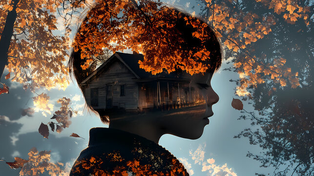 Thoughtful child with nature overlay, autumn leaves and house reflection captured in creative photography. Memory - Old house. Illustration